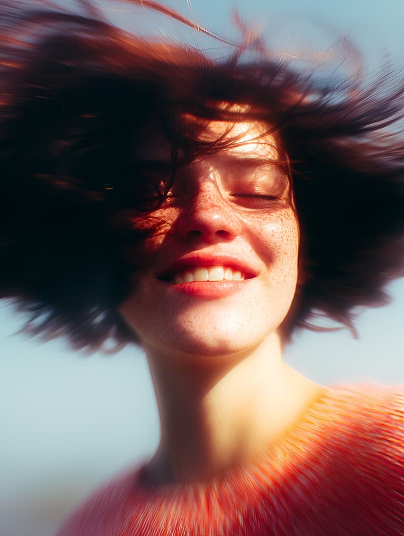 Portrait of Tracy Newyork laughing with her hair in motion